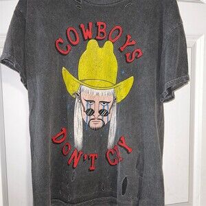 Oliver Tree Cowboys Don't Cry Graphic T-Shirt Black Acid Wash Distressed M
